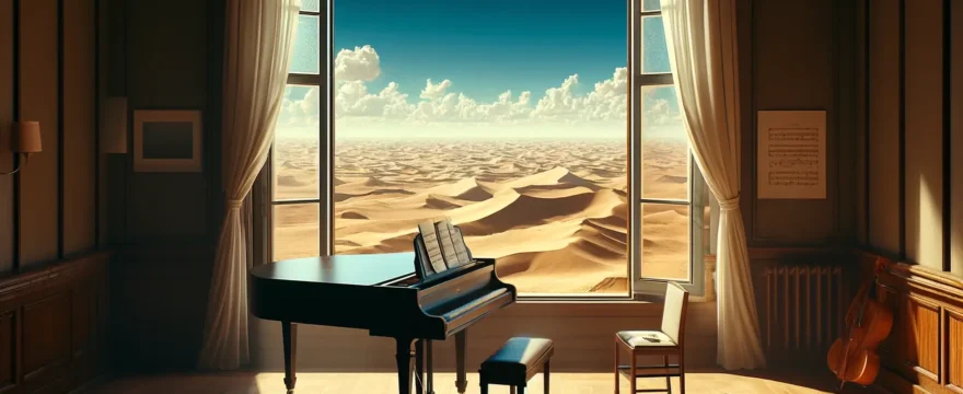 This image captures a serene study room with a grand piano by a window overlooking the expansive deserts of Iraq. It symbolizes the deep, contemplative process of music composition, contrasting the interior world of creativity with the stark, inspiring vastness of the desert.