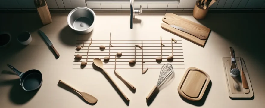 Overhead view of a kitchen counter with cooking utensils arranged to resemble musical elements, bathed in natural light.
